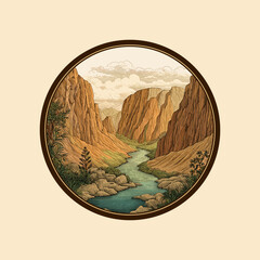 Landscape scene with a winding river, logo emblem