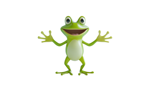 Green cartoon frog character standing upright with open hands and friendly expression cute amphibian mascot for kids or animation design isolated on white background