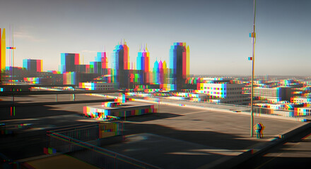 Modern Cityscape With a Glitch Effect From a Rooftop View
