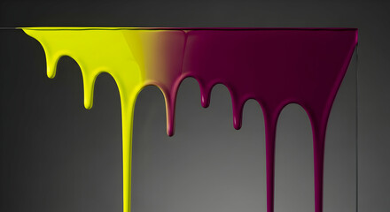 Dripping Acrylic Paint in Yellow and Burgundy on a Grey Backdrop