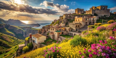 Obraz premium Capture the essence of Sicily: sun-kissed shores, historic ruins, lively villages.