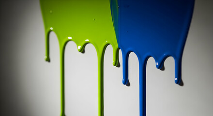 Fluid Combination: Green and Blue Acrylic Paint Dripping Downward