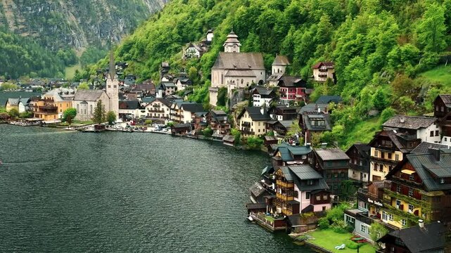 View of famous Hallstatt mountain village in the Austrian Alps at beautiful light in summer, Salzkammergut region, Hallstatt, Austria.