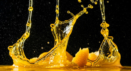 Dynamic Display Of Splashing Citrus Juice On Black Backdrop For Freshness
