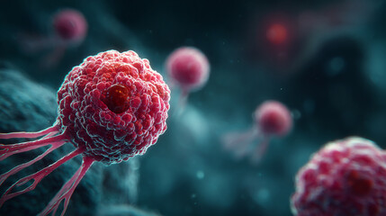 Close up view of several pink cells with tendrils on a dark blue and teal gradient background.