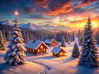 Fototapeta premium Capture the magic: snowy pines, glowing lights, a picturesque winter scene.