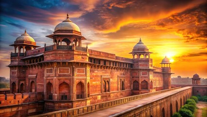 Obraz premium Capture the sunrise's golden hues illuminating the Red Fort, a symbol of Mughal power and Indian history.