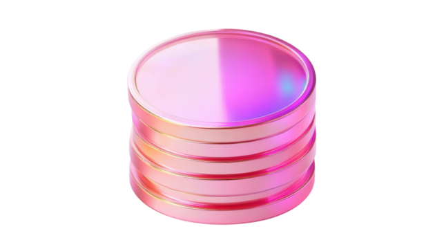 Pink gradient coin fluid holographic iridescent abstract shape with metallic shine isolated on white background