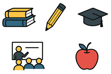 Illustrative education icons collection featuring books, pencil, graduation cap, and more for learning and teaching purposes icon set