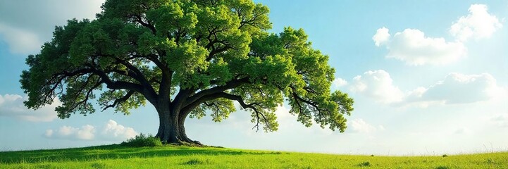 Fototapeta premium A majestic oak tree sways freely in a gentle breeze, its branches reaching towards the sky, leaves rustling with the wind A serene and peaceful image of natural freedom , vibrant, movement