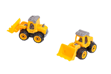 Yellow toy bulldozer with black wheels, perfect for kids' playtime or educational toys with transparent background, top view. Great for use in e-commerce, or children’s product marketing