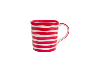 A red and white striped mug with a handle, featuring  bold stripes for a vibrant design with transparent background. Ideal for advertising kitchenware, tableware, gift, lifestyle products.
