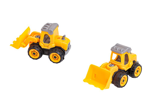 Yellow toy bulldozer with black wheels, perfect for kids' playtime or educational toys with transparent background, top view. Great for use in e-commerce, or children&rsquo;s product marketing