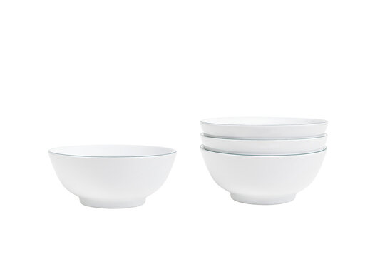 Stacked and single white ceramic bowls, perfect for serving steamed rice, soup, or snacks with transparent background. ideal for promote minimalist tableware in e-commerce, or culinary blog content