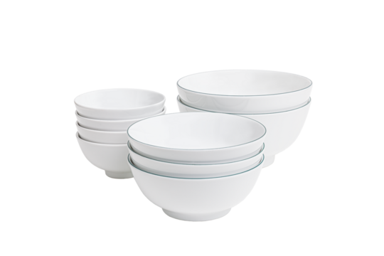 A collection of white ceramic bowls, stacked and nested with transparent background. Ideal for showcasing modern kitchenware in online stores, or minimalist home decor promotion