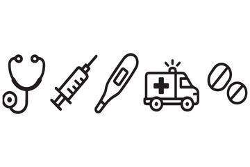 Medical icon set featuring stethoscope, syringe, thermometer, ambulance, and pills in a clean black style icon set