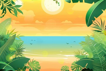 A pixel art illustration of a tropical sunset over the ocean
