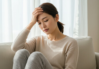 ソファで休む頭痛に悩む女性のクローズアップ