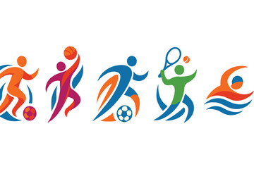 Obraz premium Vibrant sports icons set showcasing different athletes in action including basketball, soccer, tennis, and swimming icon set