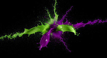 Obraz premium Vivid Paint Splashes Collision Of Green And Purple Hues On Dark Backdrop