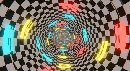 Abstract Checkerboard Tunnel With Neon Lights Visual Presentation Background