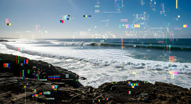 Coastal Glitch Serenity Modern Seascape Beach With Digital Distortion