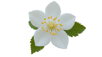 Elegant white flower with vibrant yellow stamens and green leaves on white