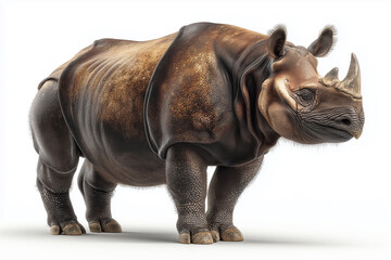 Fototapeta premium A Sumatran rhinoceros, displaying its defining features such as two short horns and a shaggy dark coat on white background.