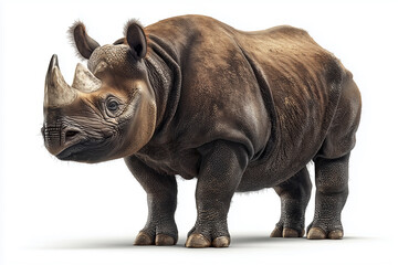 Naklejka premium A Sumatran rhinoceros, displaying its defining features such as two short horns and a shaggy dark coat on white background.