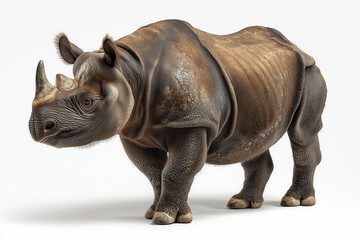 Fototapeta premium A Sumatran rhinoceros, displaying its defining features such as two short horns and a shaggy dark coat on white background.