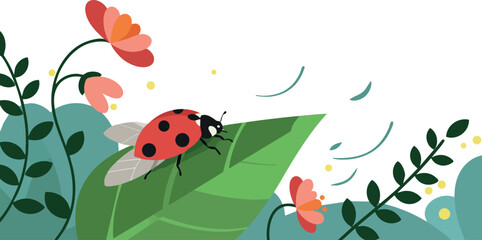 Ladybug on green leaf with red flowers and garden plants vector illustration 