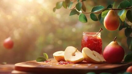 Fresh Pear Jam Still Life. Sweet Fruit Preserves in Golden Light and Outdoors