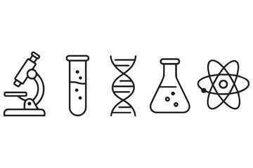 set of science icons representing microscope, test tube, dna, flask, and atom for laboratory, chemical research and innovation icon set