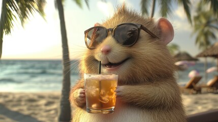 Cool Hamster Sipping Tropical Drink on Beach with Sunglasses Enjoying Sunshine