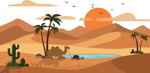 Obraz premium Desert landscape with camel and oasis under orange sun and palm trees vector illustration 