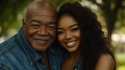 Fototapeta premium Joyful Family Moment. Smiling Man And Woman, Denim Jackets, Happy Time, Close Up