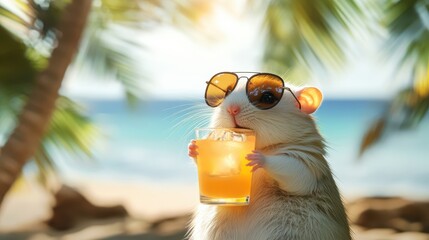 Cool Hamster Summer Getaway. Beach Vibes, Refreshing Drink, and Retro Sunglasses Look
