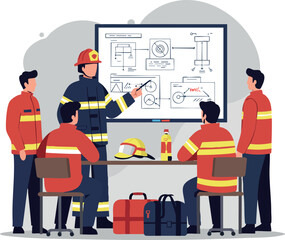 Firefighters Team Training Safety Procedures Presentation in Meeting Room Vector Illustration 