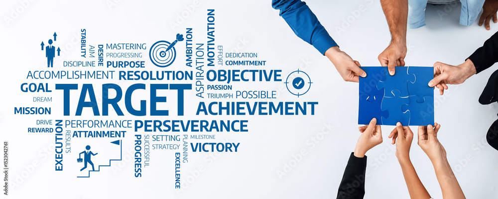 Poster a dynamic visual depicting hands assembling a puzzle amidst motivational words focusing on achieveme