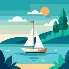 Sailboat on Calm Sea in Minimal Scene
