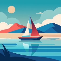 Sailboat on Calm Sea in Minimal Scene