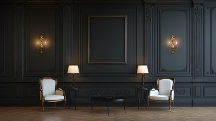 Dark Luxury Interior. Elegant Chairs, Wall Lamps, and Classic Wall Panels for Home Ambiance