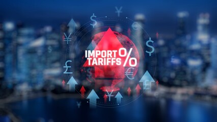 Import Tariffs Concept with Percentage Sign Over Cityscape Background and Currency Symbols...