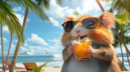 Hamster Vacation Vibes. Beach, Drink, Sunglasses and Cool Breeze Relaxation Time
