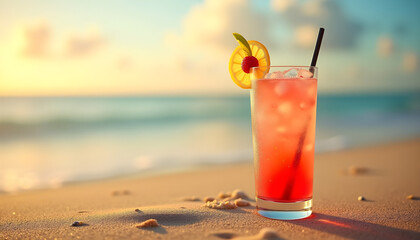 Obraz premium Summer cocktail with a cheerful vibe on a sandy beach at sunset copy space