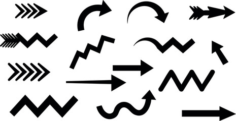 Collection of black arrow icons with various shapes and directions for design elements vector 