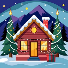 Fototapeta premium Snowy Cabin with Christmas Lights