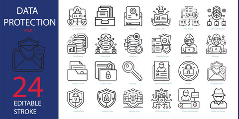 Set of 24 Security web icons in line style. Guard, cyber security, password, smart home, safety, data protection, key, shield, lock, unlock, eye access. Vector illustration.