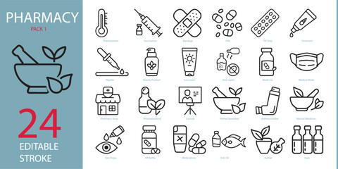 Pharmacy Vector Icon Set | Adjustable Line Weight | Thermometer, vaccination, pills, bandage, pipette, medicine, mask, inhaler, pill strip, vials outline icons