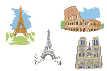 Hand-drawn landmarks of Europe including the Eiffel Tower, Colosseum, and Notre-Dame Cathedral. Travel sketch set of famous architectural icons from Paris and Rome